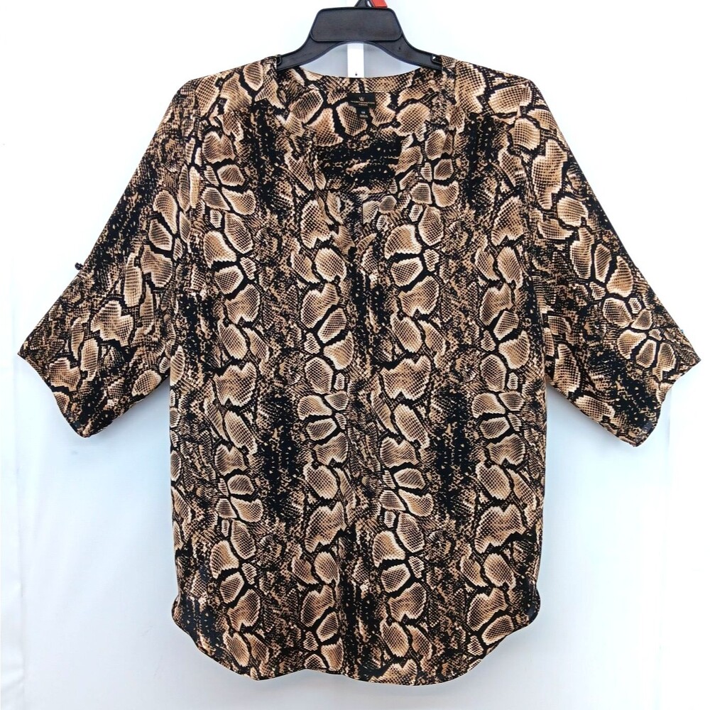Worthington Blouse Women Size 1X Brown Animal Print 3/4 Roll Tab Sleeve V Neck